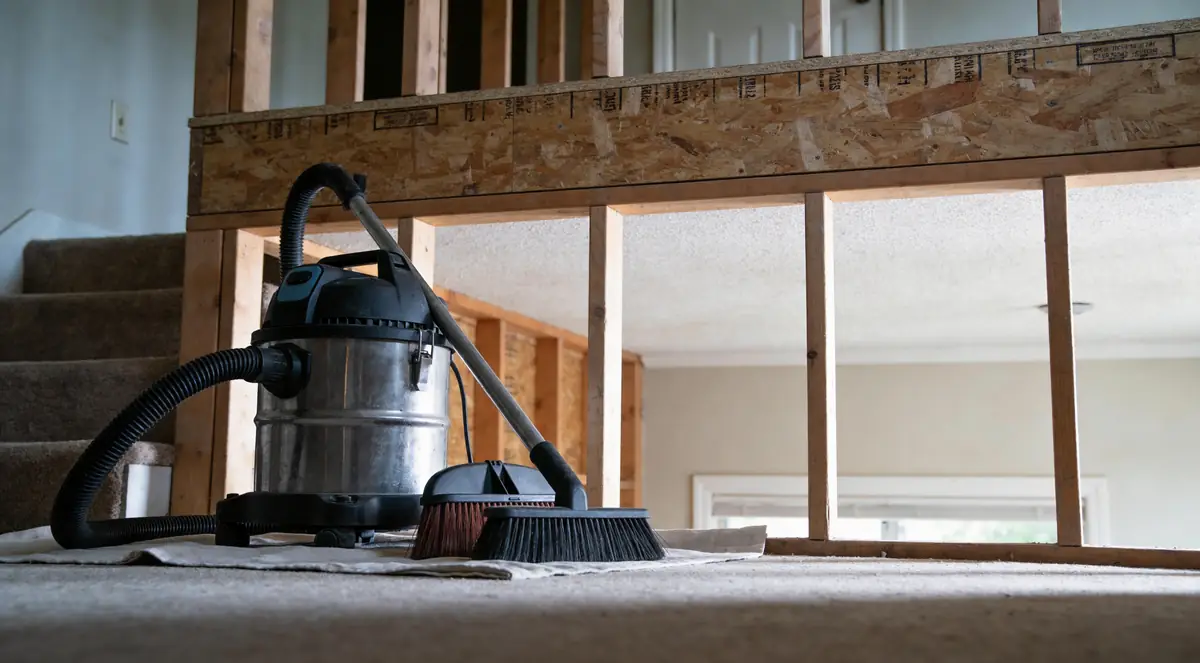 HEPA vacuum and brushes beside a partly cleaned framing bay