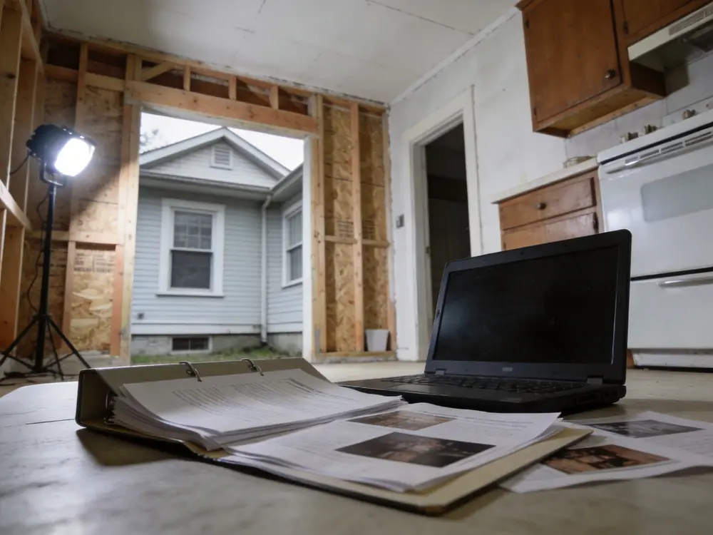 Folder of documents and photographs spread on a kitchen table