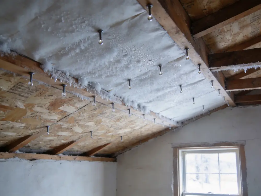 Condensation and frost on the underside of attic roof sheathing