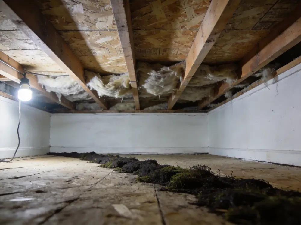 Dark growth along crawl space floor joists and subfloor