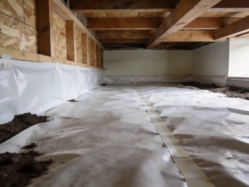 New white vapour barrier laid across a crawl space floor
