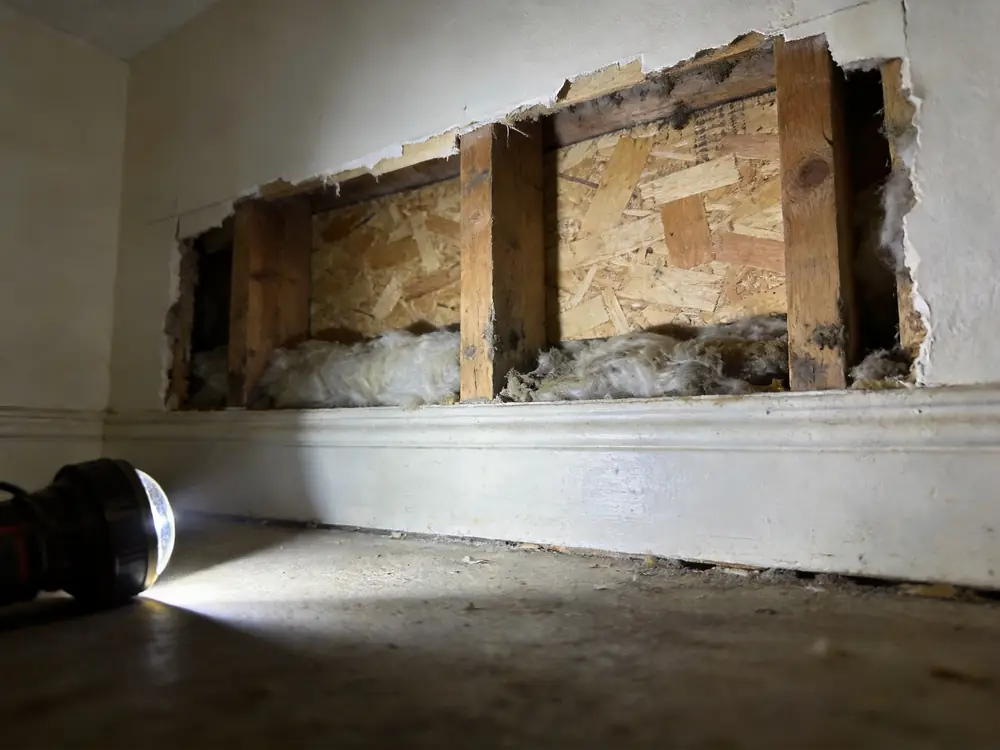 Basement drywall cut back to reveal damp framing behind