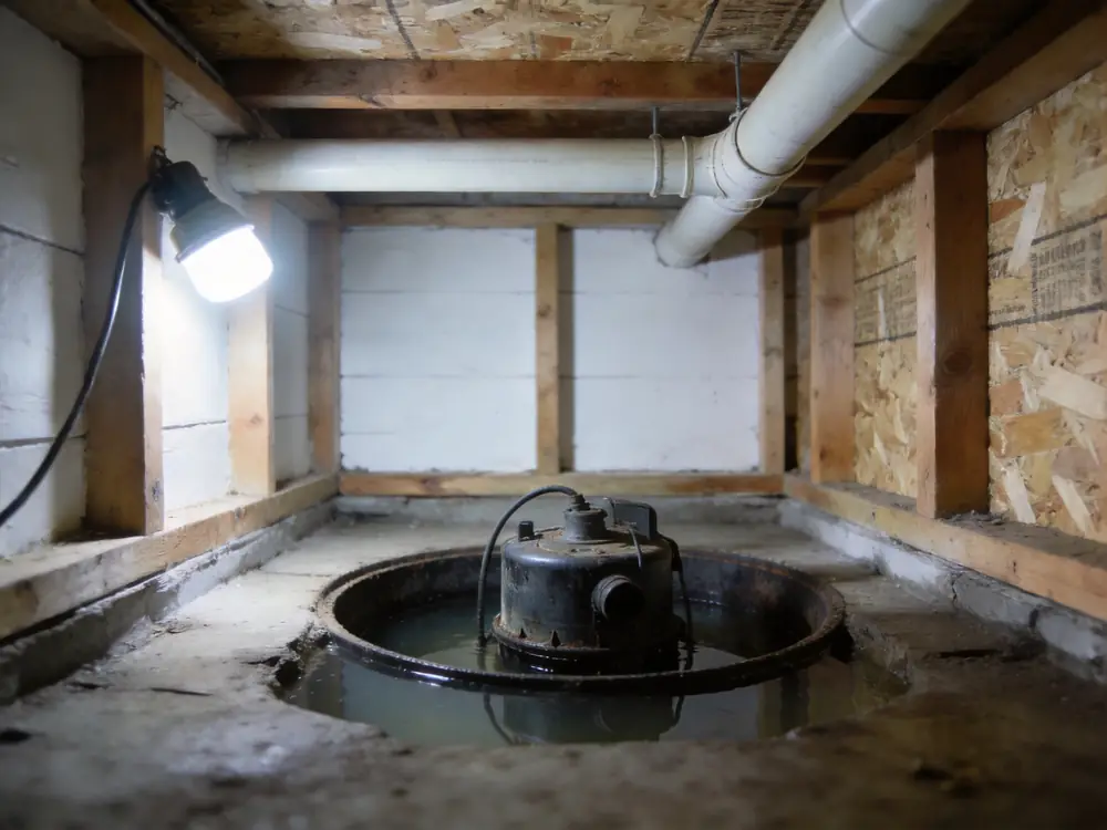 A sump pump sitting in a flooded basement pit