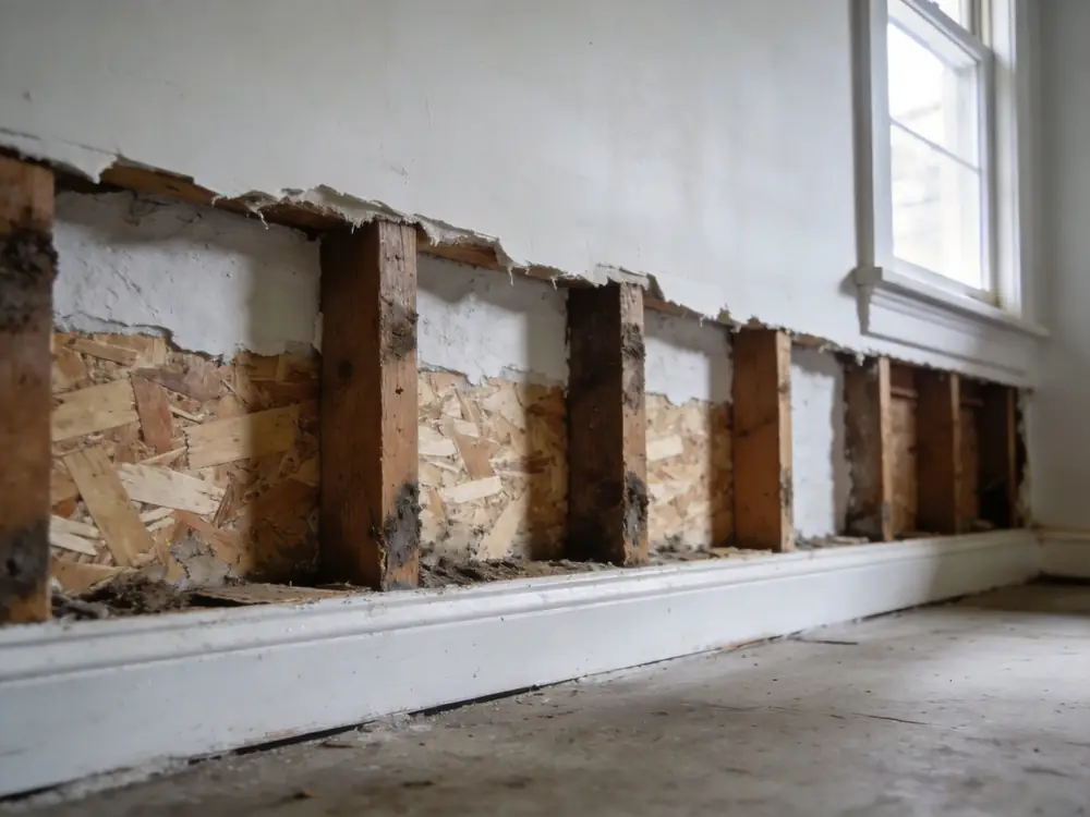 Basement drywall cut back to reveal damp framing behind