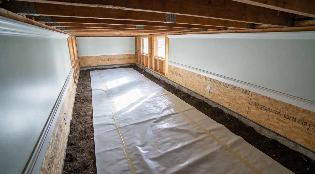 New white vapour barrier laid across a crawl space floor