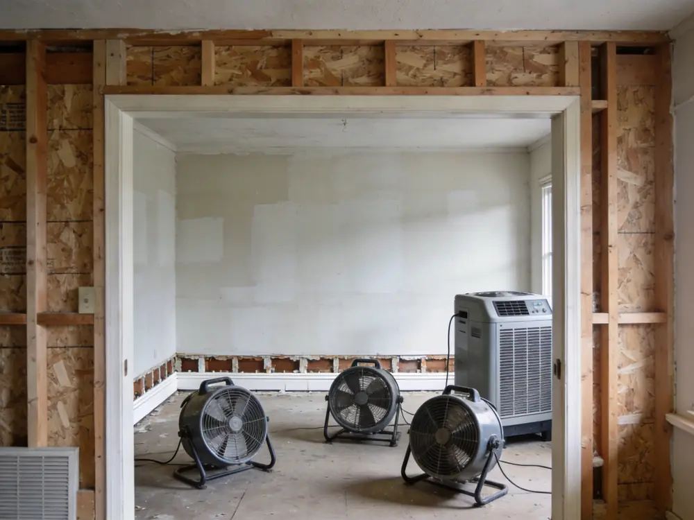 Air movers and a dehumidifier drying a stripped room