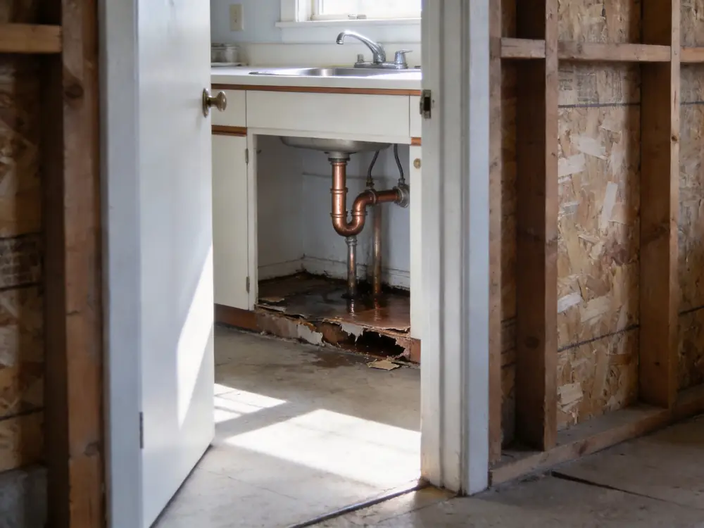 Burst copper supply line above a swollen cabinet floor