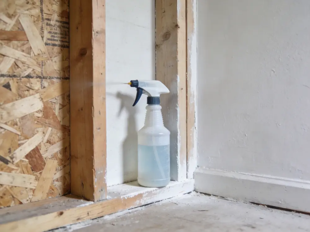 Pump sprayer resting beside cleaned framing