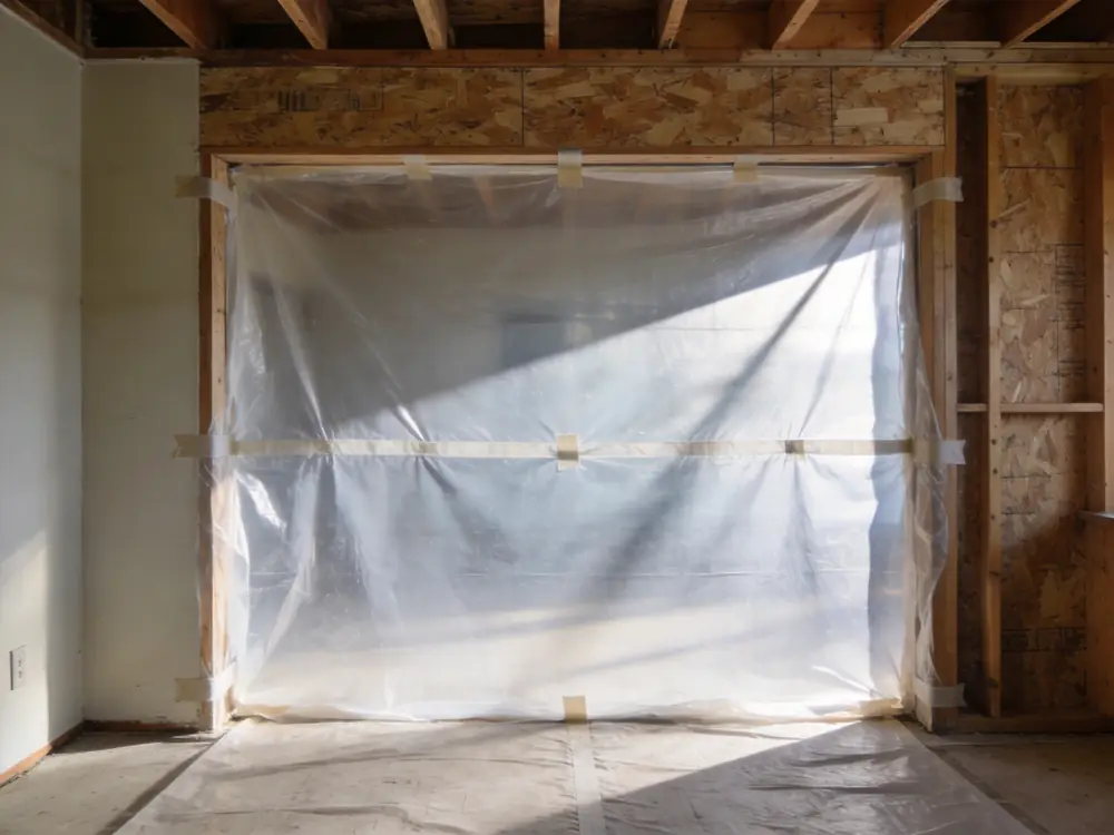 Poly sheeting taped floor to ceiling across an opening