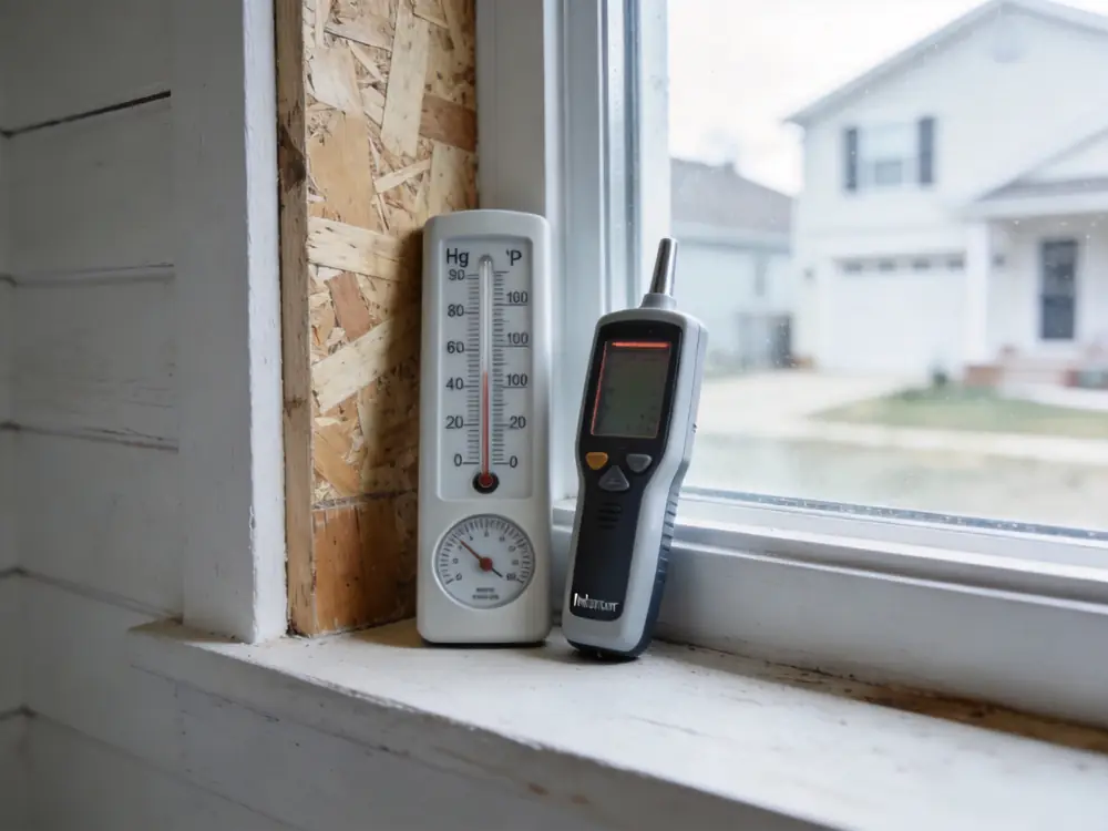 Hygrometer and infrared thermometer on a windowsill