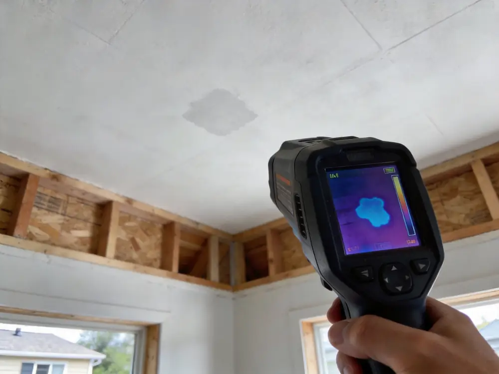 Thermal imaging camera showing a cool patch on a ceiling