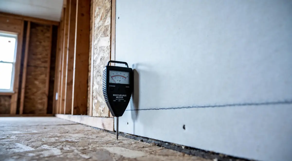 Moisture meter pressed against drywall beside a water stain