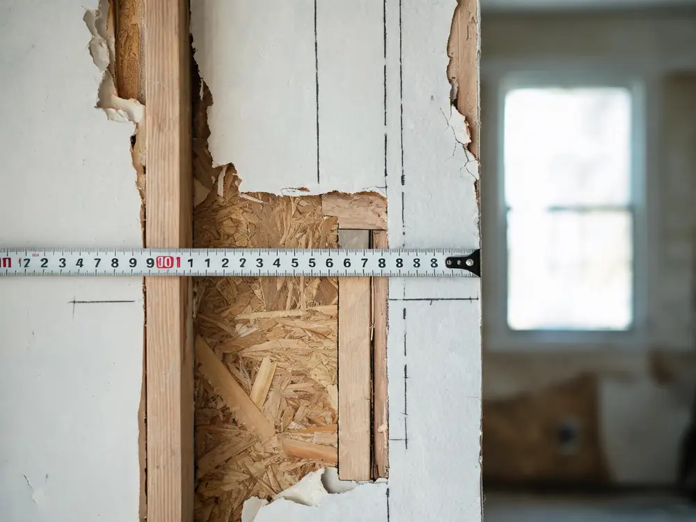 Tape measure pulled across a damaged wall section