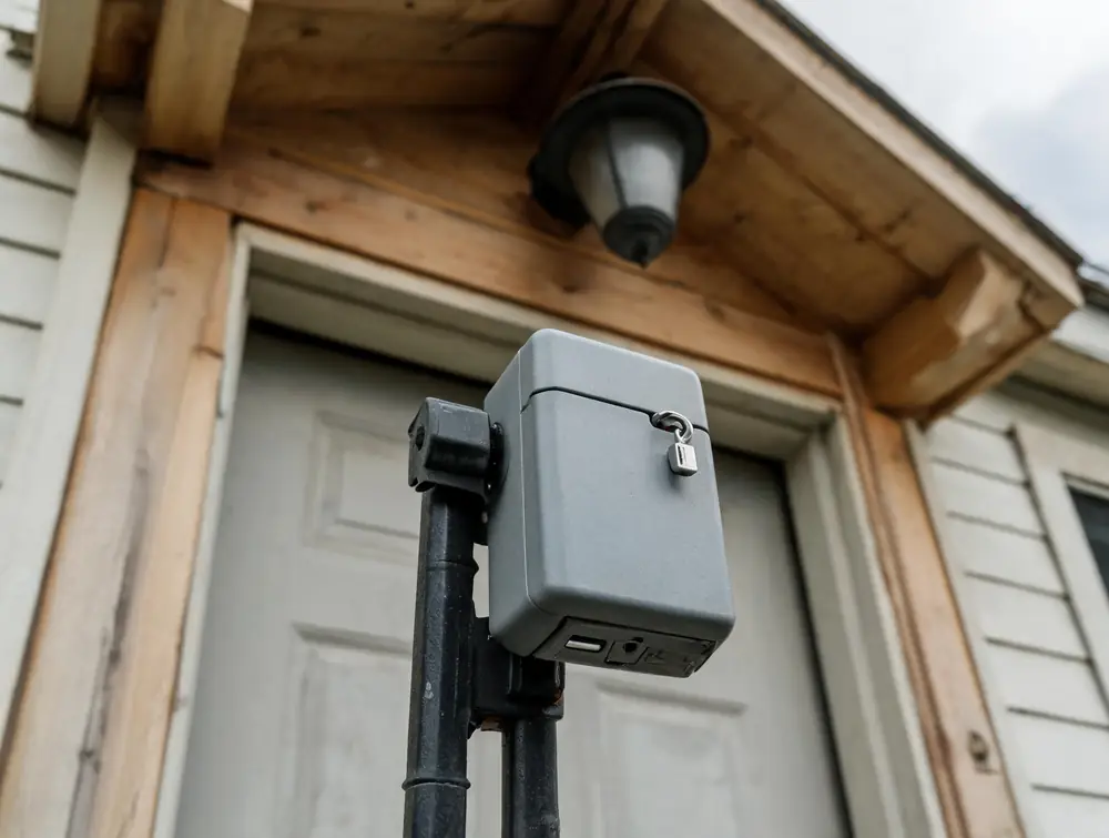 Real estate lockbox on the front door of an older house