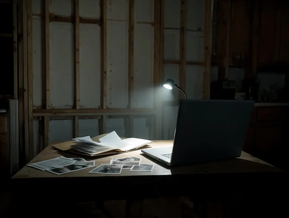 Folder of documents and photographs spread on a kitchen table