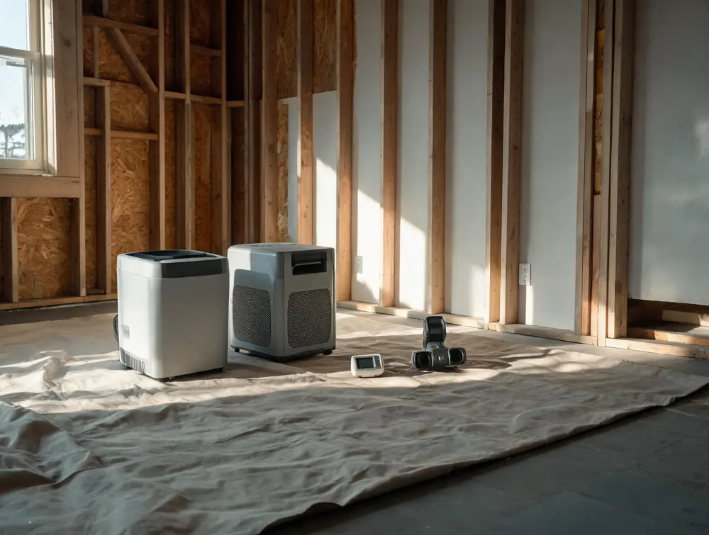 Remediation equipment staged together on a drop cloth