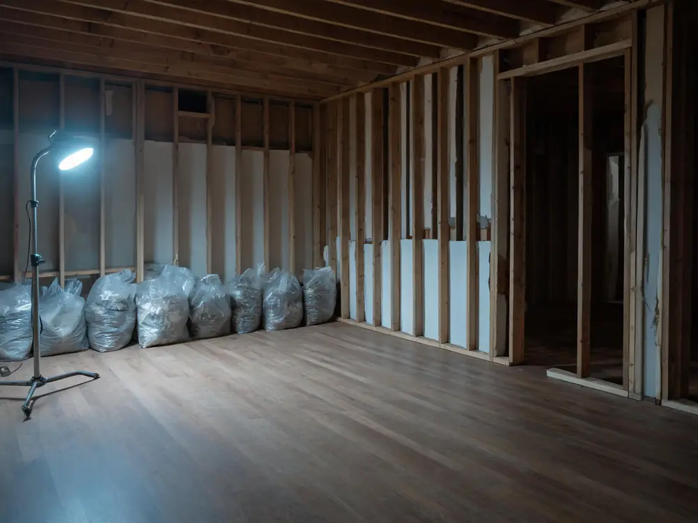 Room mid-remediation with contents bagged and framing exposed