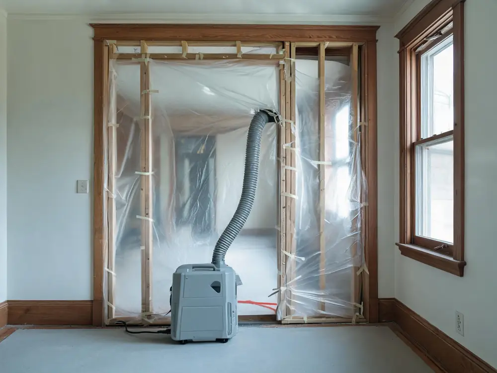Negative air machine ducted through containment sheeting
