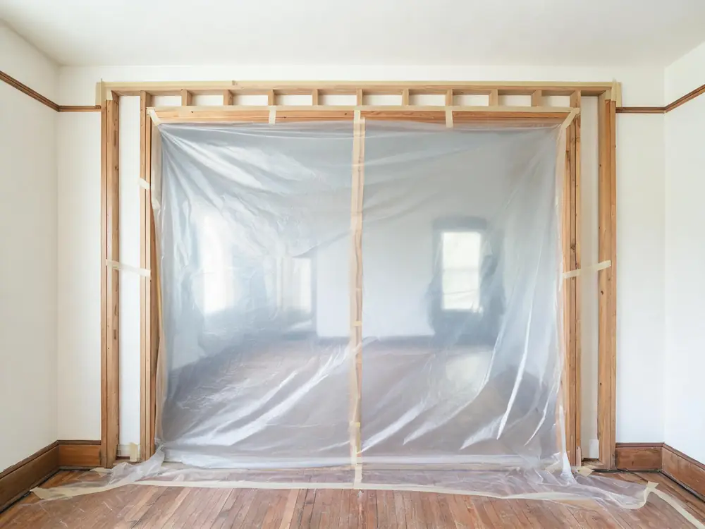 Poly sheeting taped floor to ceiling across an opening