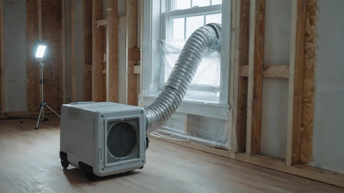 HEPA air scrubber running with ducting routed out of a window
