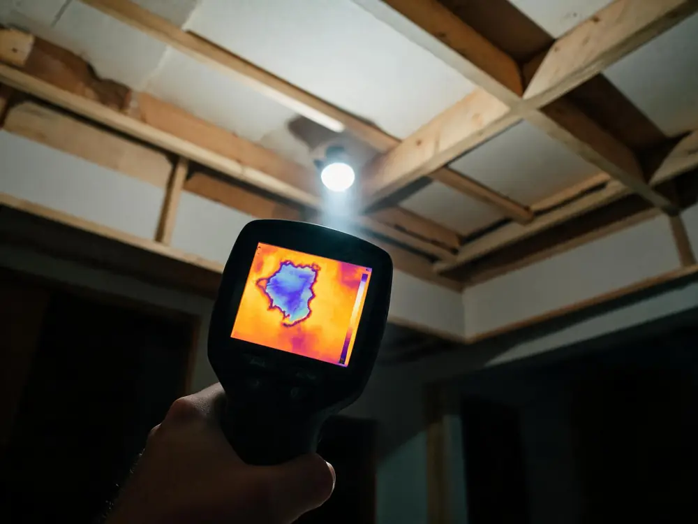Thermal imaging camera showing a cool patch on a ceiling