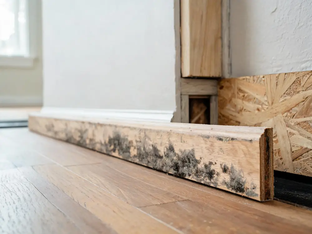Dark growth on the unfinished back of a removed baseboard