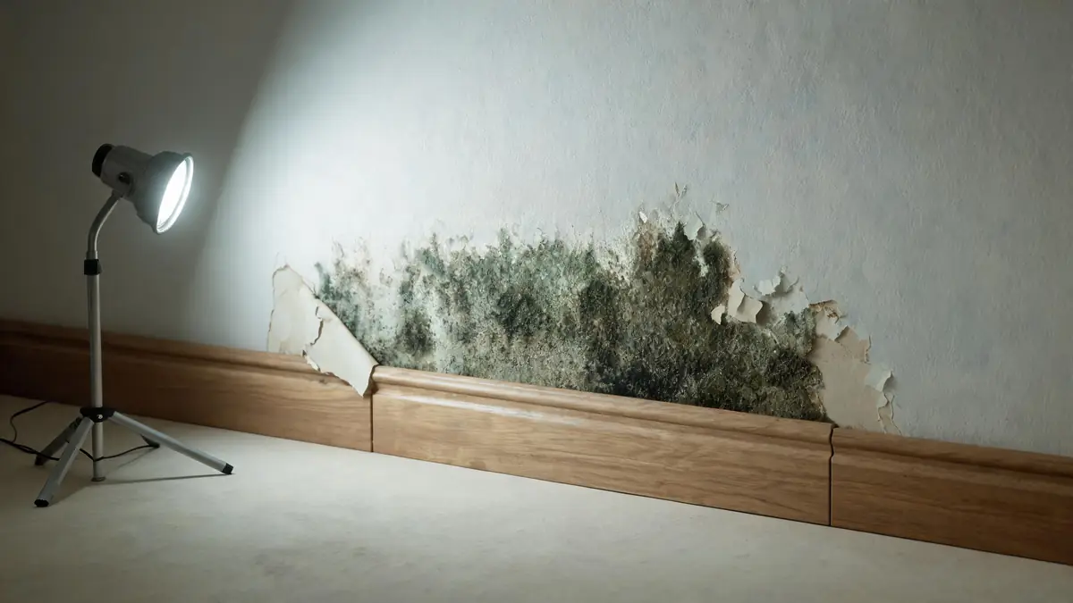 Dark green-black growth spreading across drywall near a baseboard