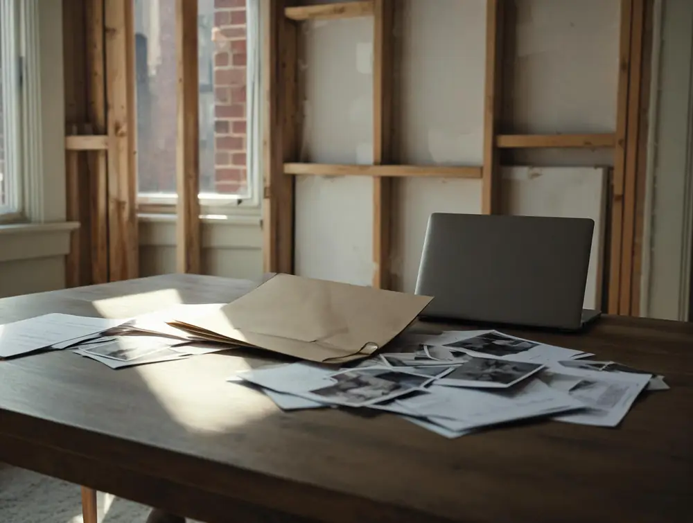 Folder of documents and photographs spread on a kitchen table