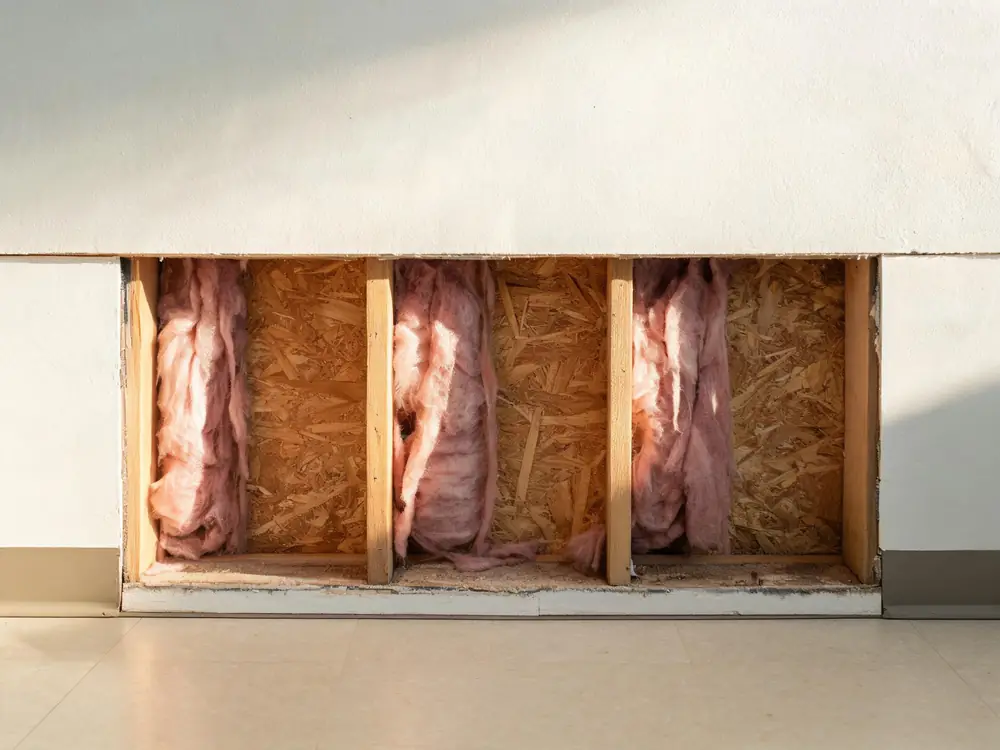 Flood cut in drywall with insulation removed and studs exposed