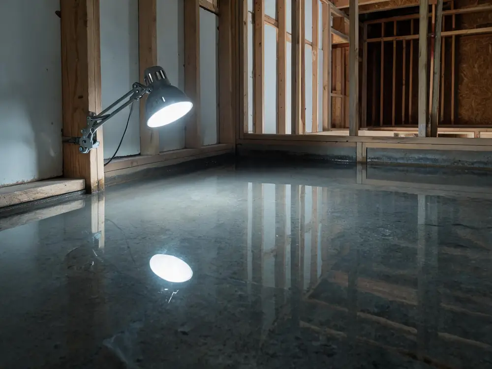 Shallow standing water across a basement floor
