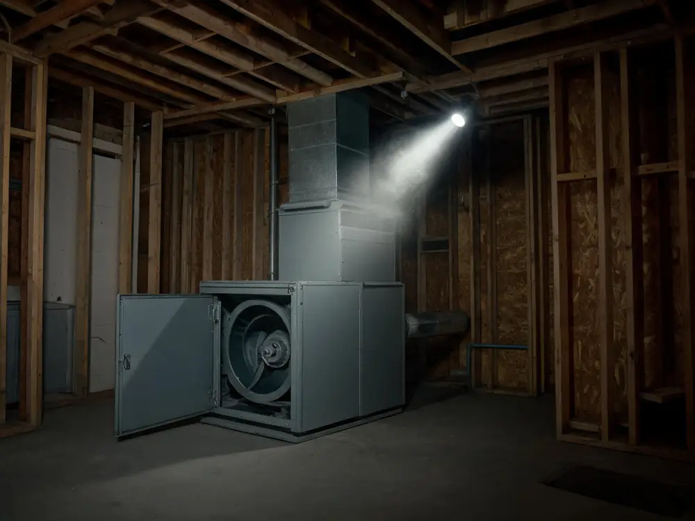 Commercial mechanical room with an air handler access panel open