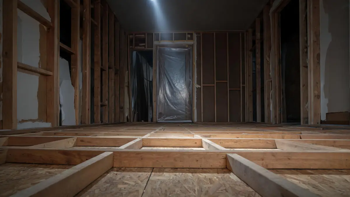 Hotel guest room stripped to the subfloor behind containment