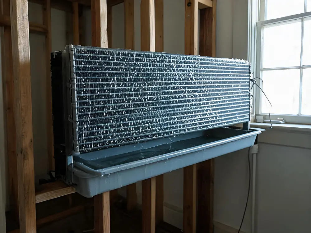 Damp evaporator coil fins above a condensate drain pan