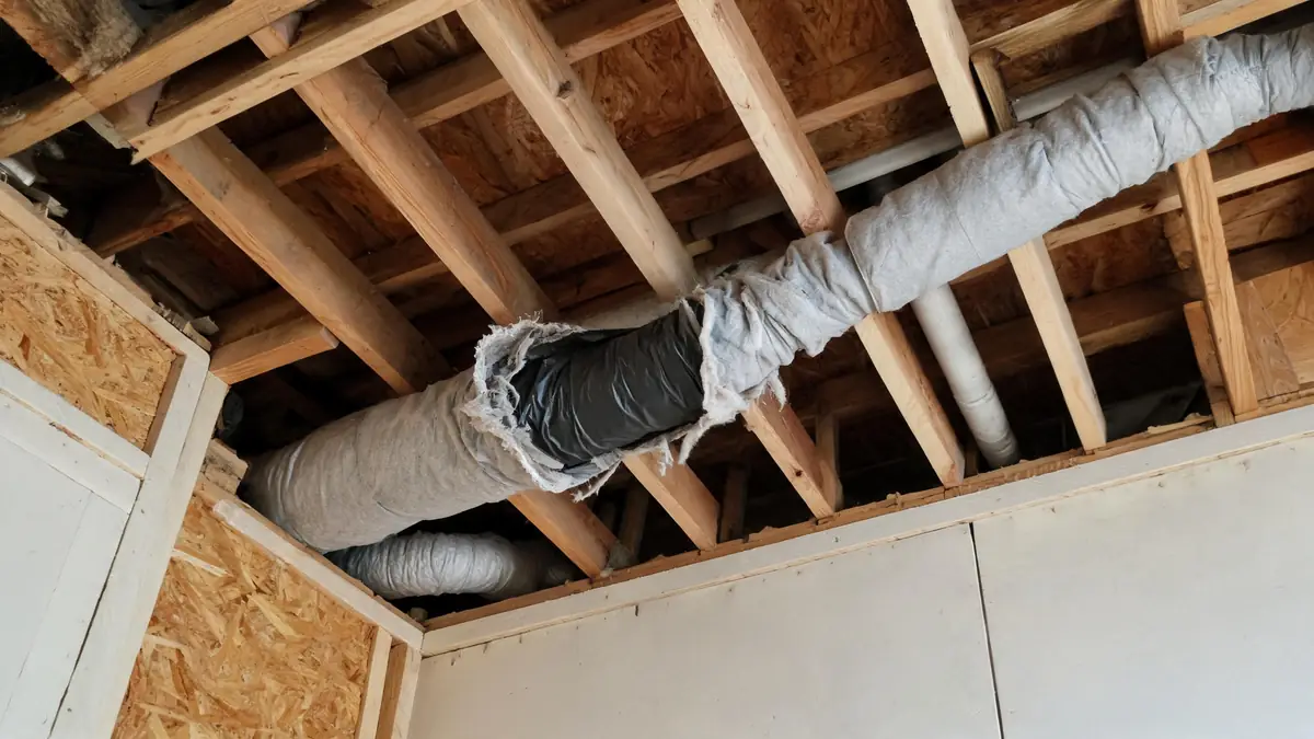 Flexible ductwork with its insulation jacket torn open