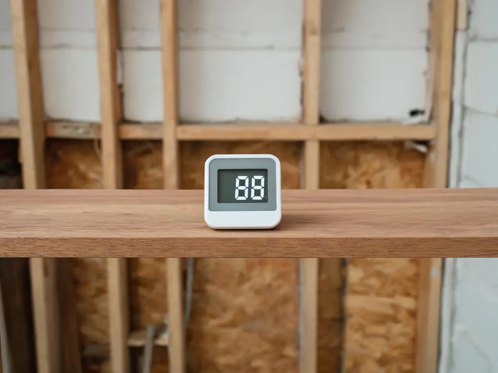 Digital hygrometer showing high humidity in a basement