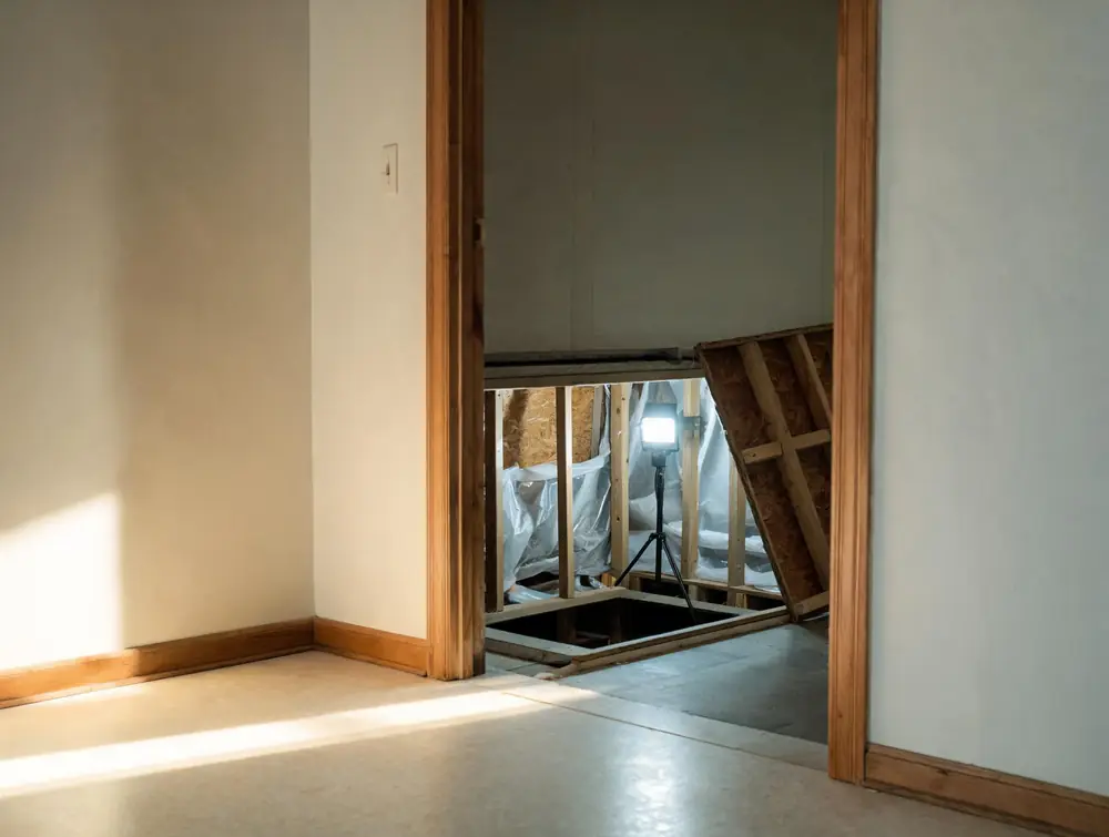 Open crawl space hatch with encapsulation sheeting visible inside