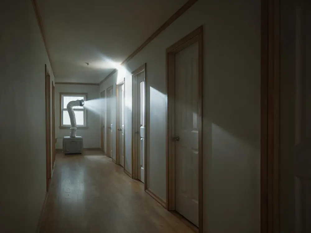 Air scrubber ducted through a window in a rental corridor