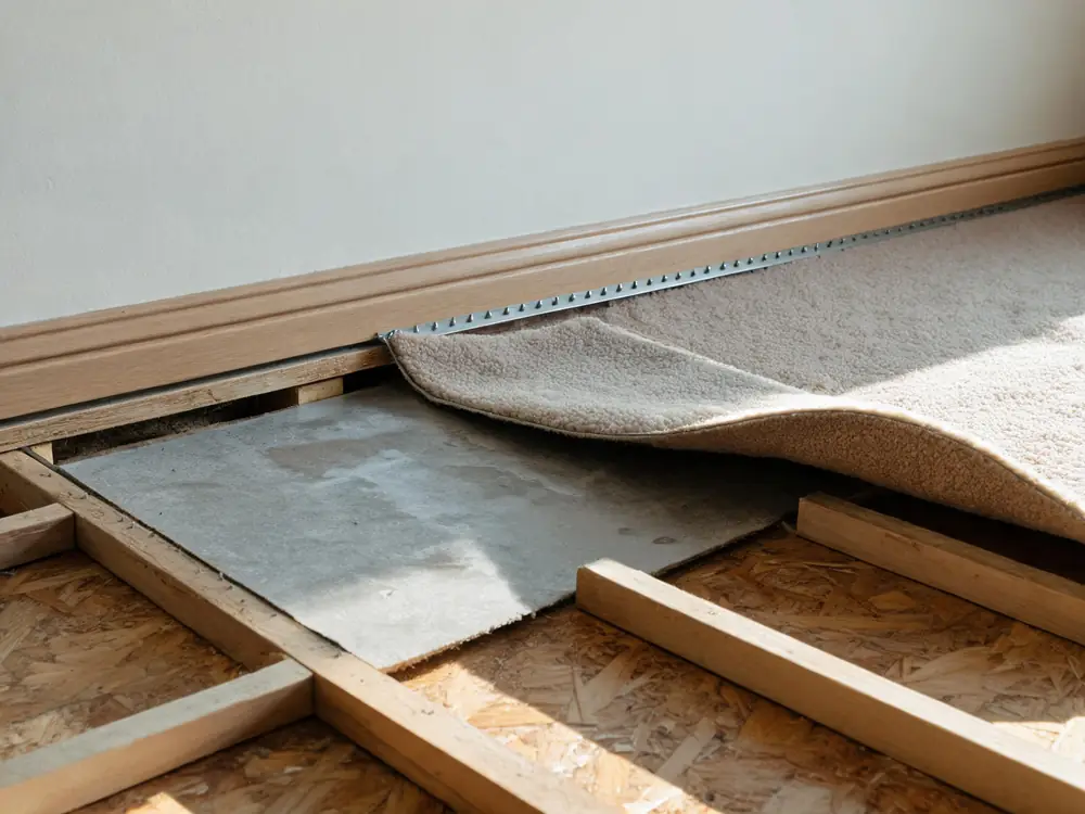 Carpet pulled back to expose the damp pad beneath