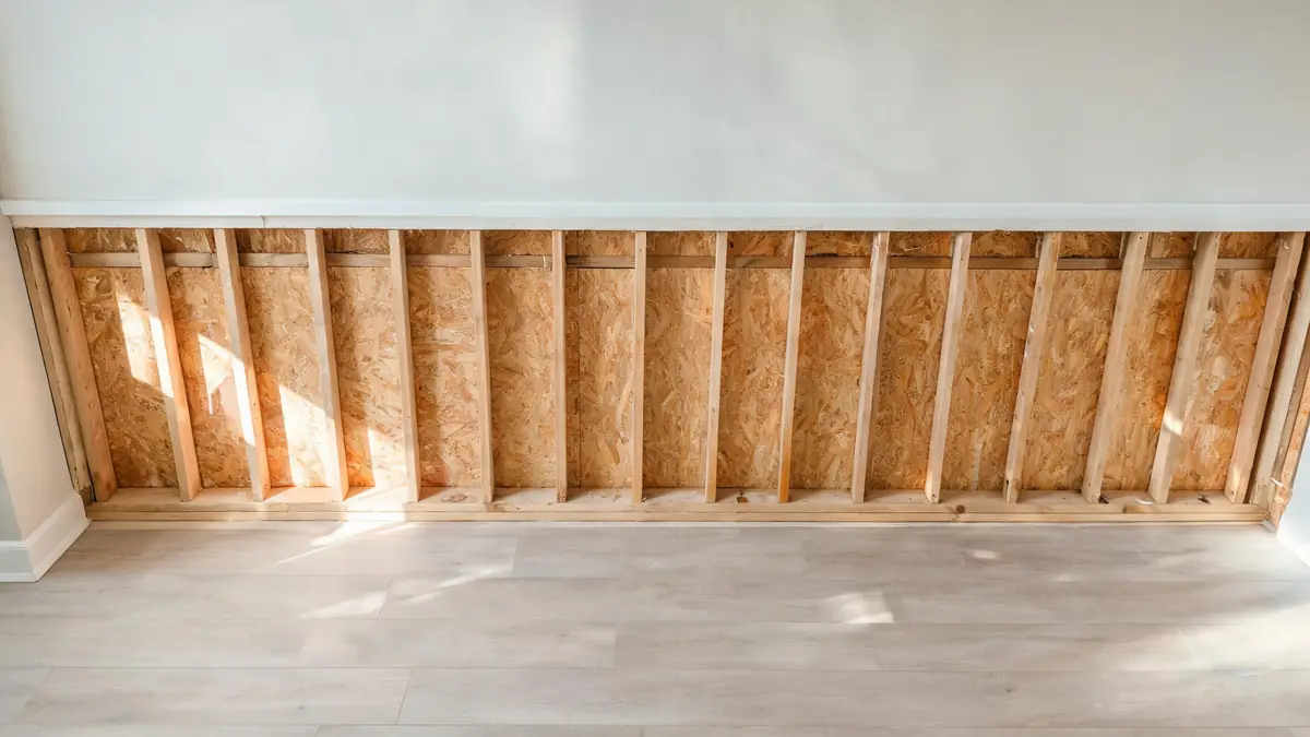 Flood cut in drywall with insulation removed and studs exposed