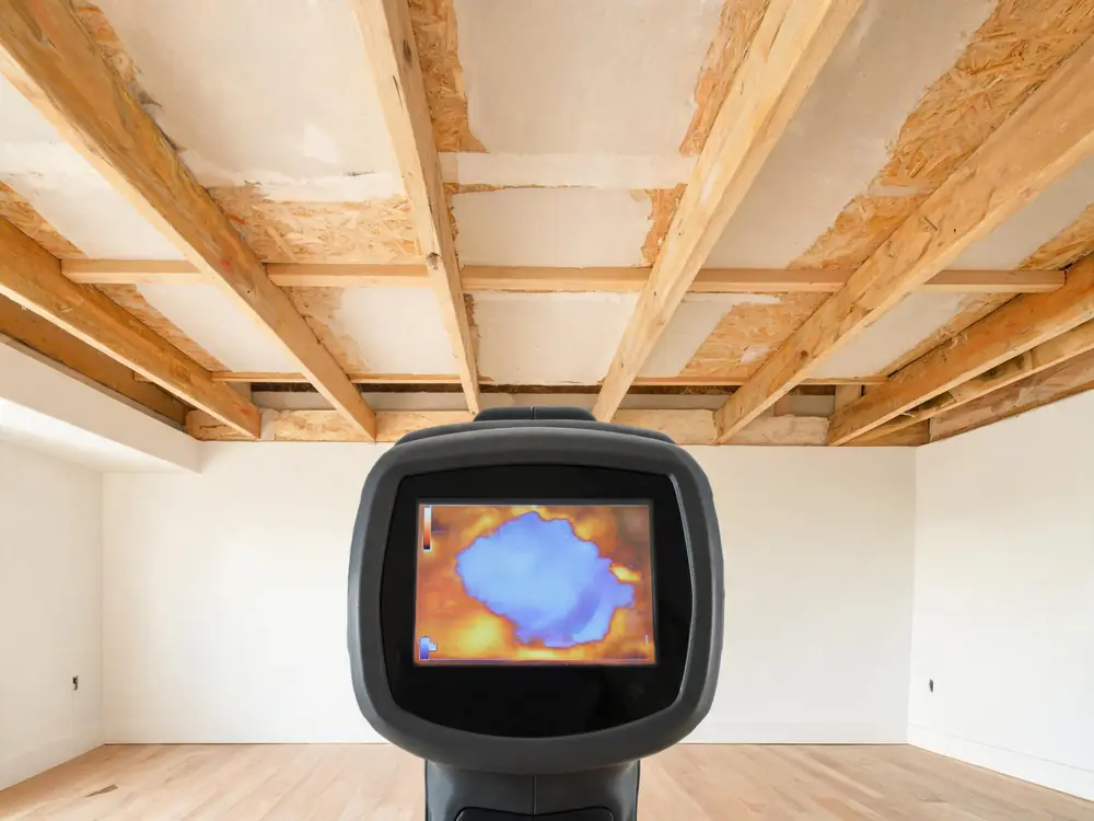 Thermal imaging camera showing a cool patch on a ceiling
