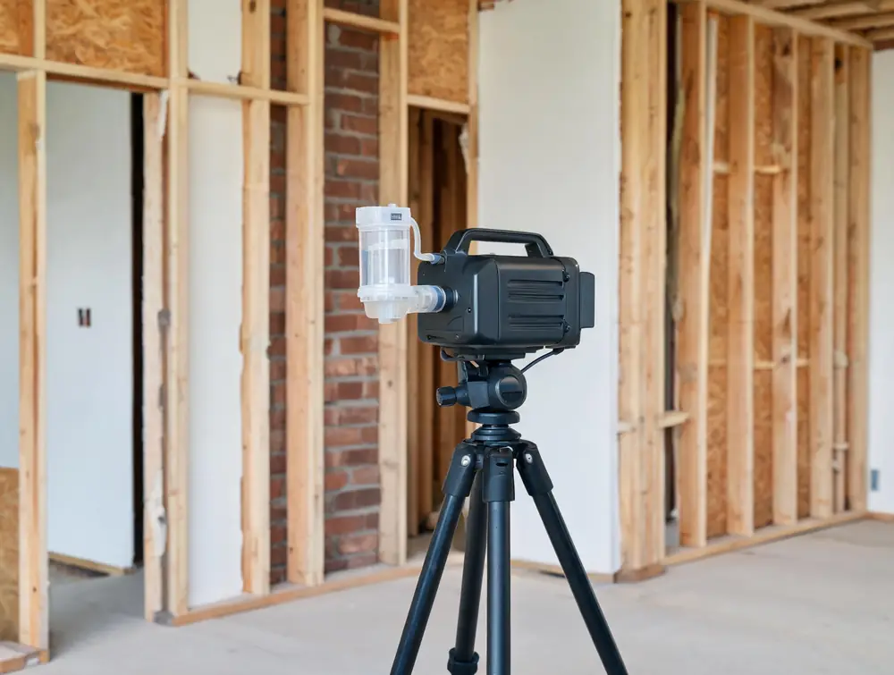 Air sampling pump on a tripod with a spore trap cassette fitted