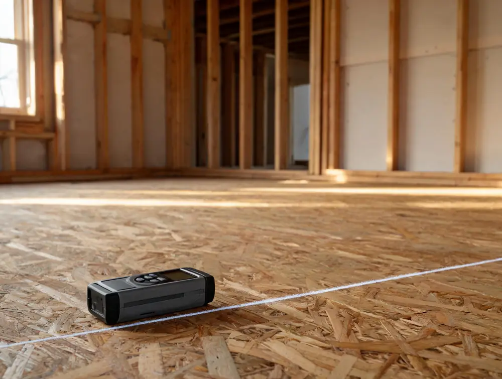 Laser distance measure beside a chalk line on a subfloor