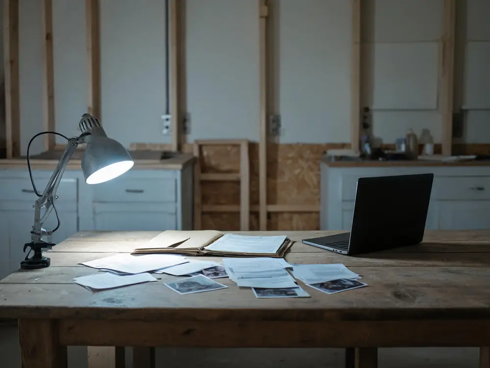 Folder of documents and photographs spread on a kitchen table