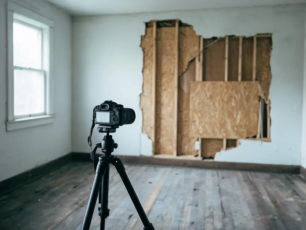 Camera on a tripod documenting a damaged wall