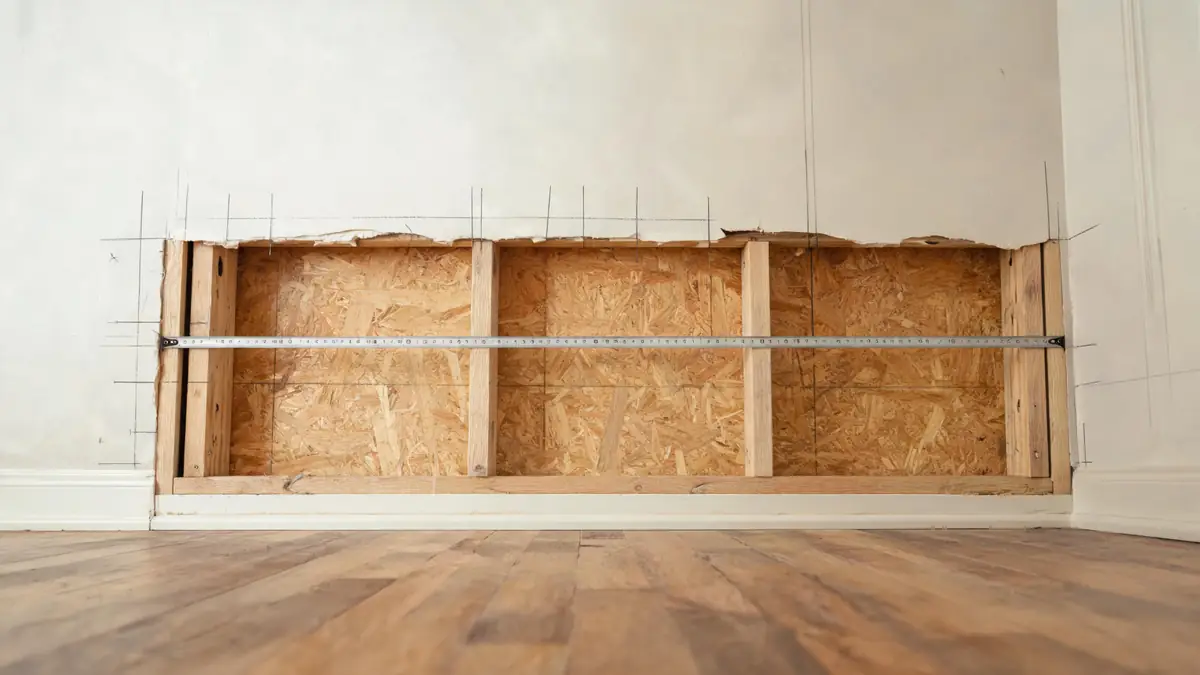 Tape measure pulled across a damaged wall section