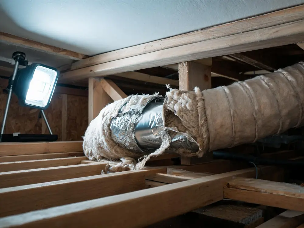 Flexible ductwork with its insulation jacket torn open