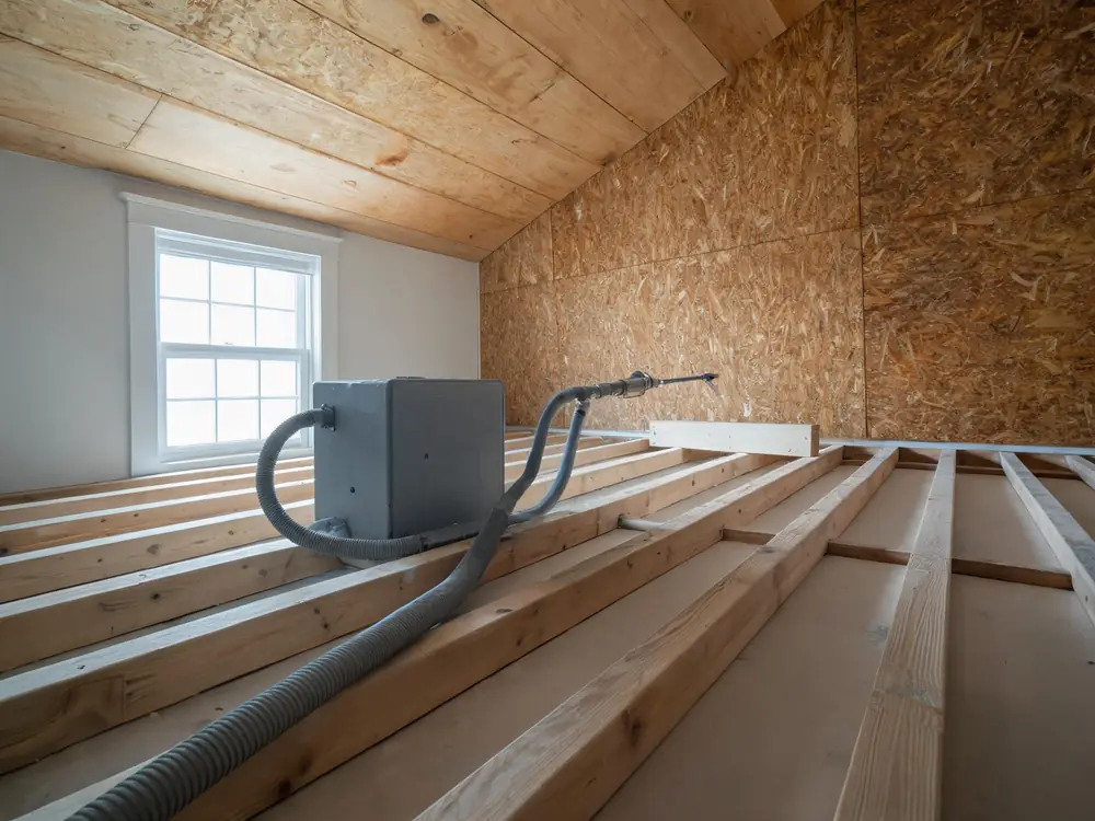 Dry ice blasting equipment staged in an attic beside partly cleaned sheathing