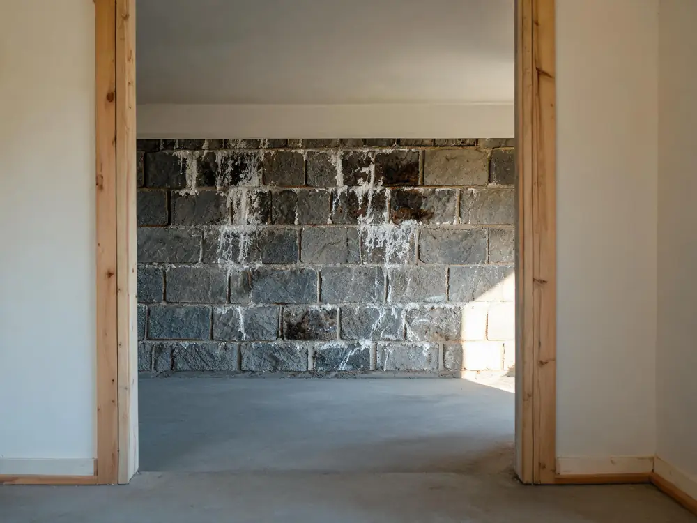 White mineral deposits and dark patches on a stone foundation wall