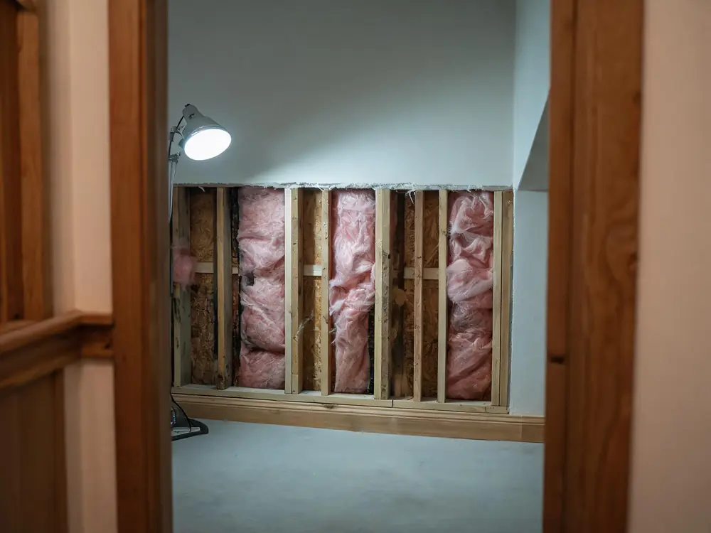 Basement drywall cut back to reveal damp framing behind