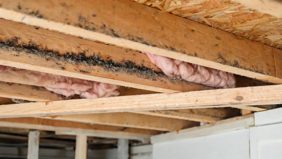 Dark growth along crawl space floor joists and subfloor